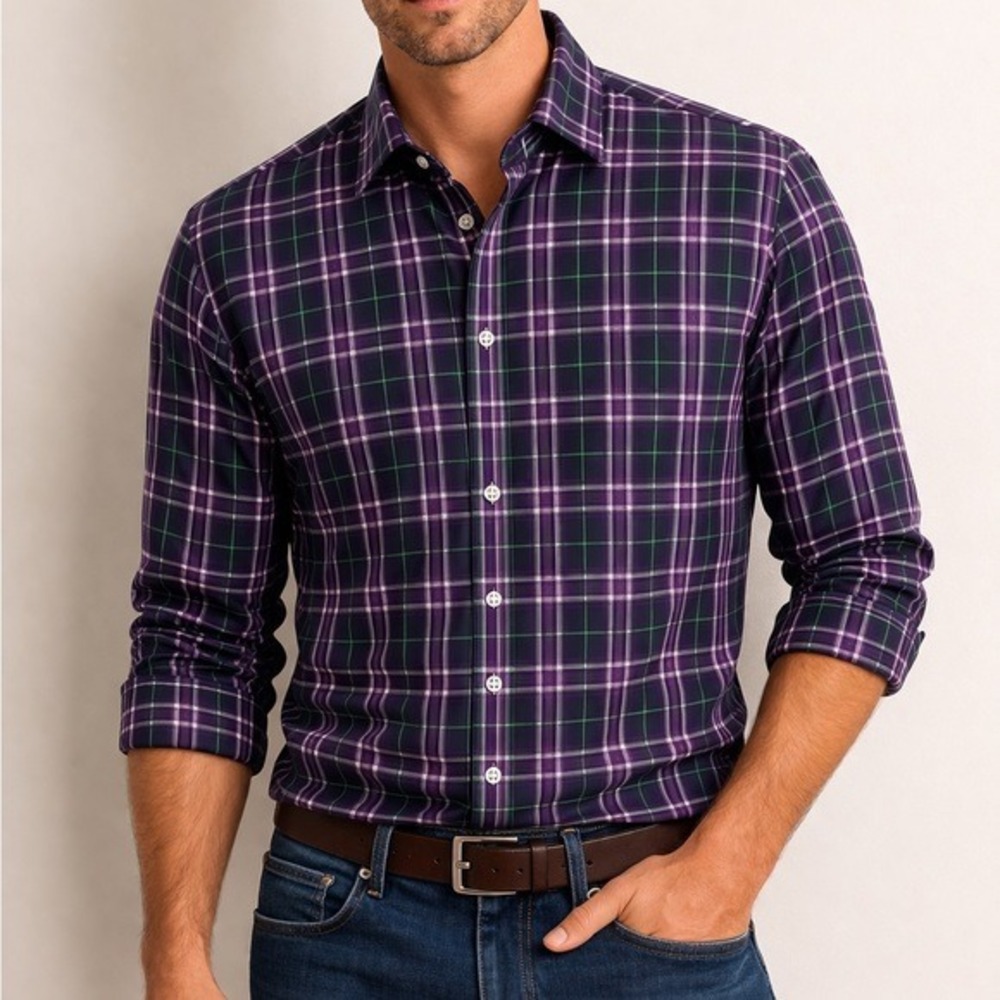 Piattelli Barneys New‎ York Mens Purple Green Plaid Button Down Shirt Large